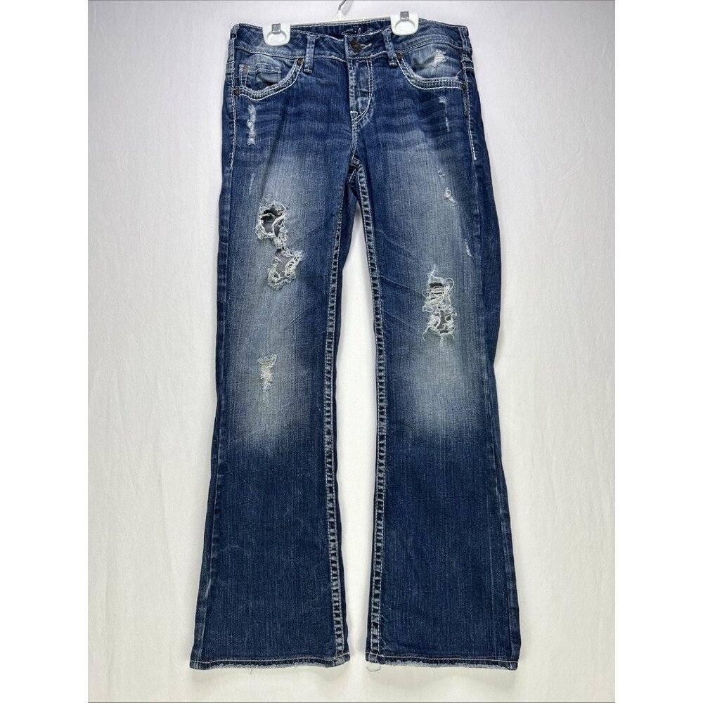 Silver Jeans Aiko Women’s Size 28 X 30L Mid Boot Cut Blue Distressed Grunge